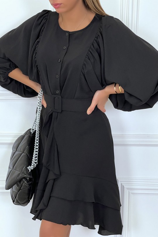 Black shirt dress with puffed ruffle sleeves and belt - 2