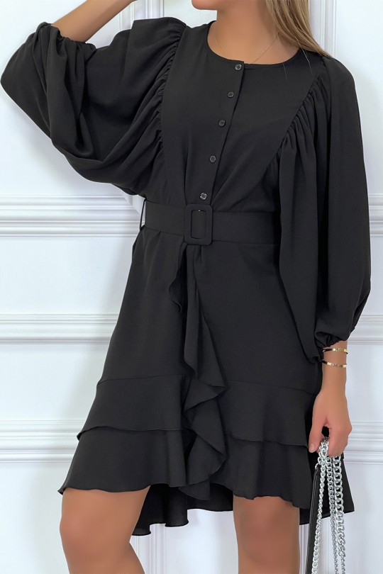 Black shirt dress with puffed ruffle sleeves and belt - 3