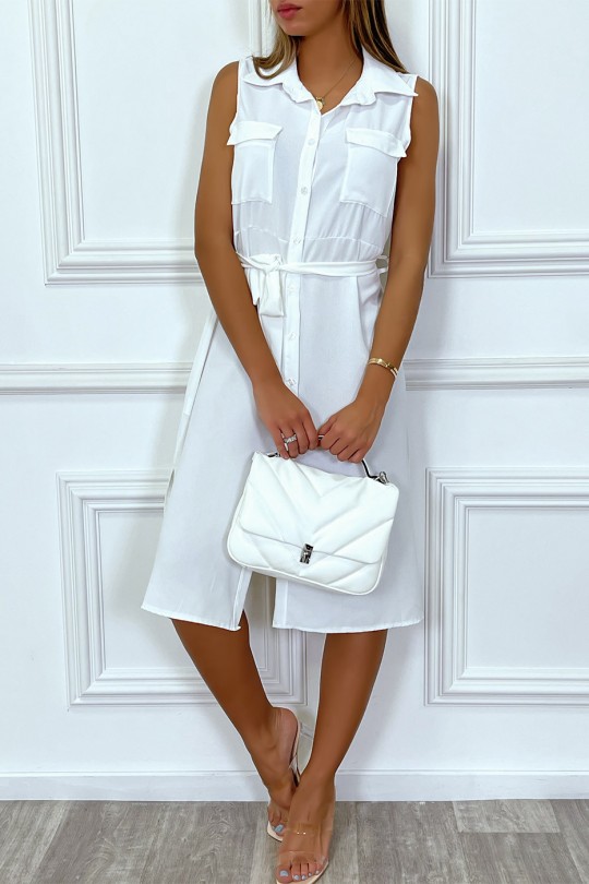 White sleeveless shirt dress with bust pockets and belt - 3