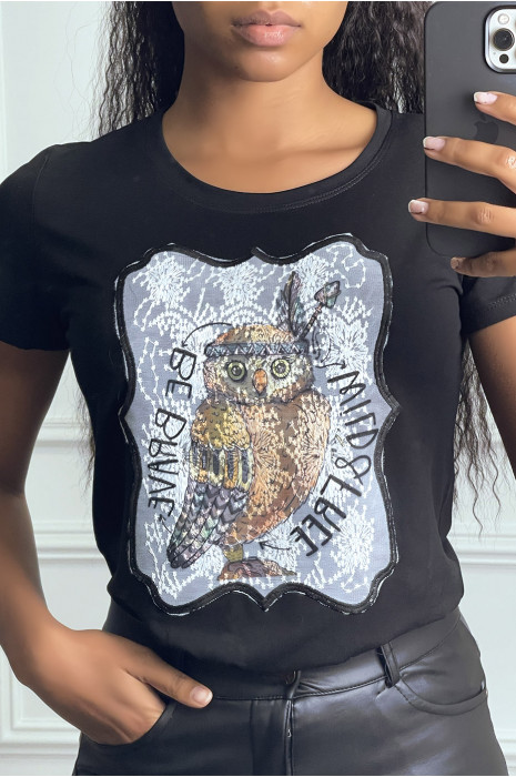 Zwart t-shirt met ronde hals en kanten inzetstuk - 2