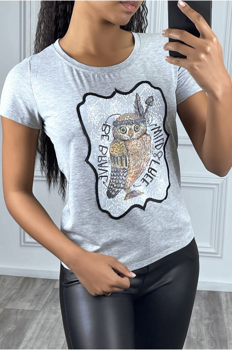 Grijs t-shirt met ronde hals en kanten inzet - 1