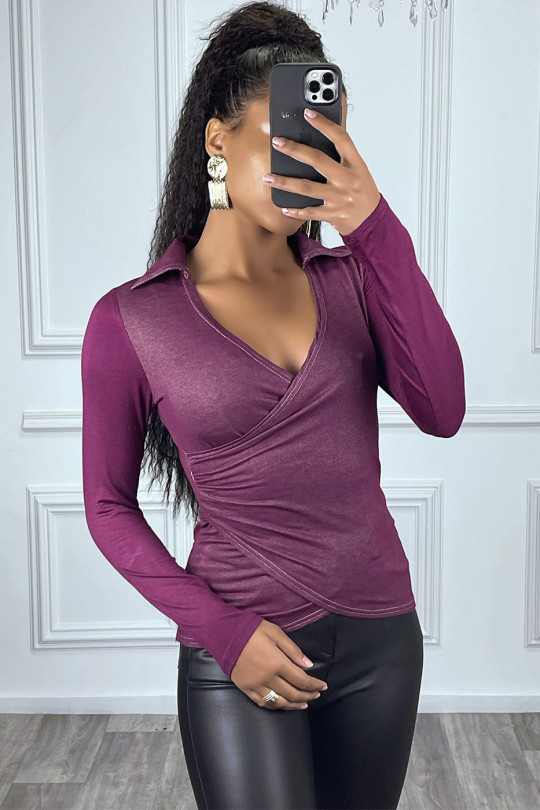 Plum wrap-over top with plunging and gathered collar - 1