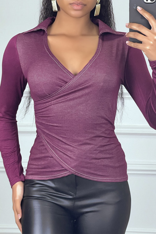 Plum wrap-over top with plunging and gathered collar - 2