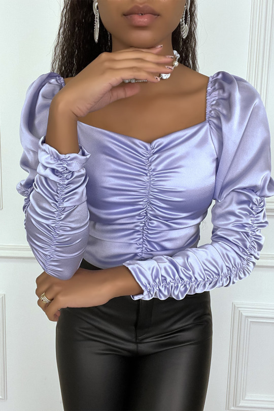 Purple satin blouse with ruched long sleeves - 2