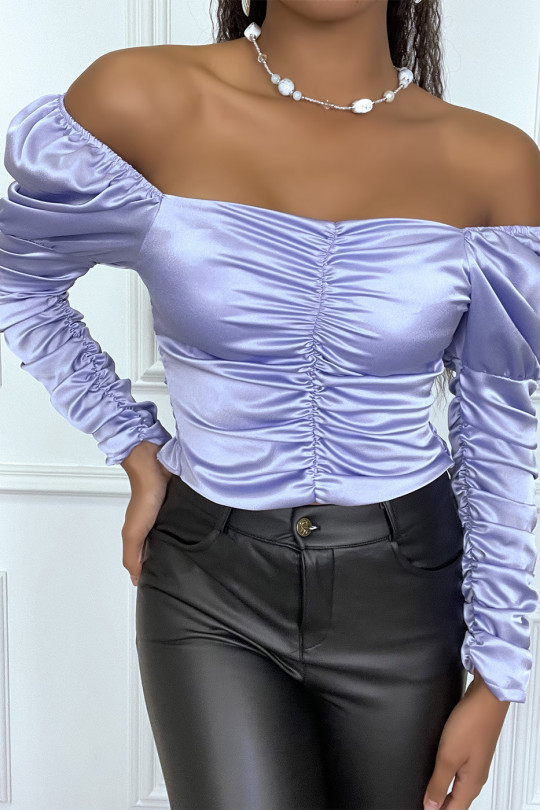 Purple satin blouse with ruched long sleeves - 5