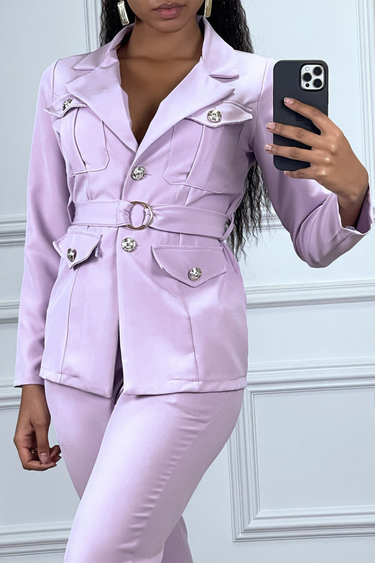 Ensemble tailleur violet veste et pantalon avec ceinture réglable - 1