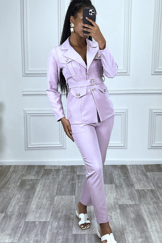 Ensemble tailleur violet veste et pantalon avec ceinture réglable - 2