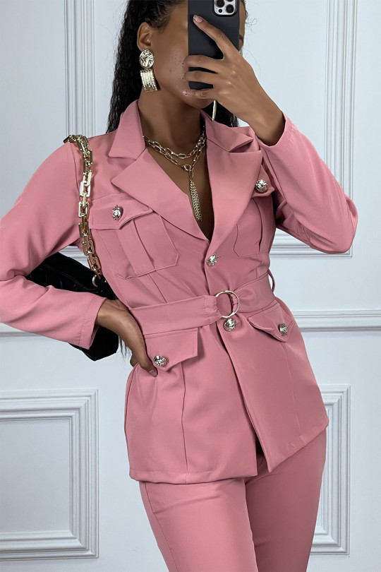 Pink suit jacket and pants set with adjustable belt - 2