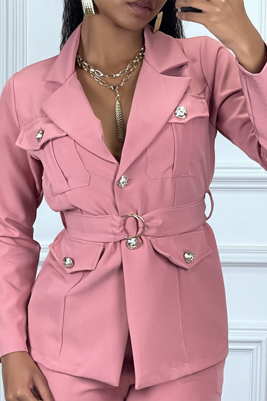 EnPEmble tailleur rose veste et pantalon avec ceinture réglable - 3