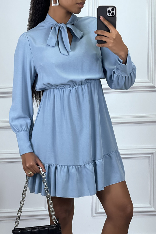 Blue skater dress with ruffle and bow at the neck - 1