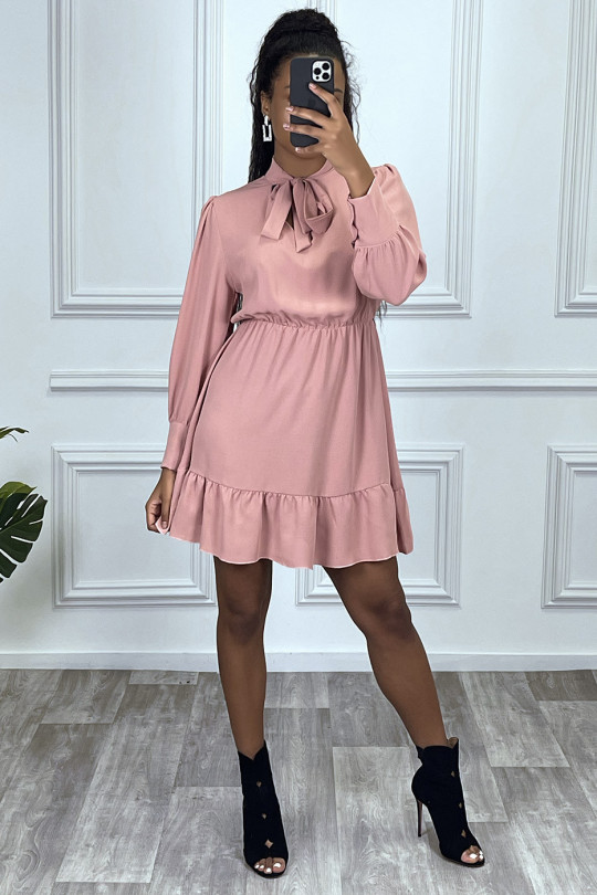 Pink skater dress with ruffle and bow at the neck - 4