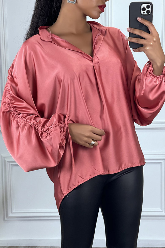 Fuchsia satin blouse with roll-up puff sleeves - 1