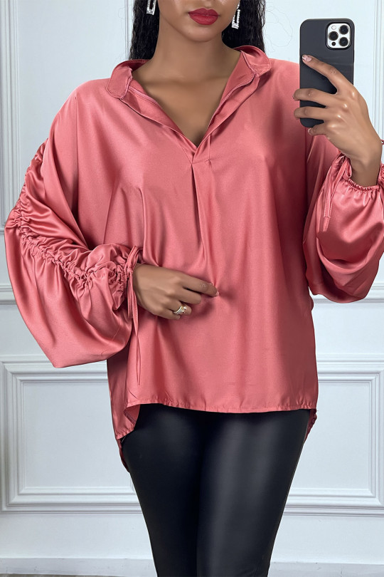 Fuchsia satin blouse with roll-up puff sleeves - 2