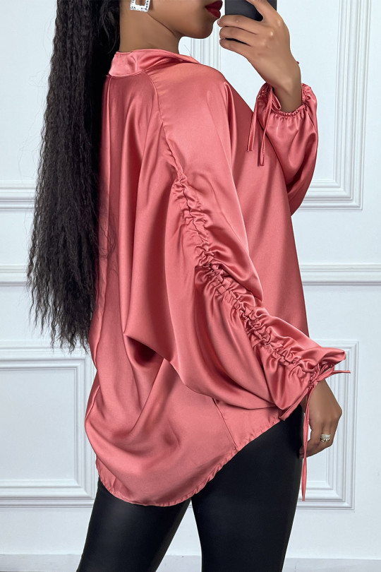 Fuchsia satin blouse with roll-up puff sleeves - 3