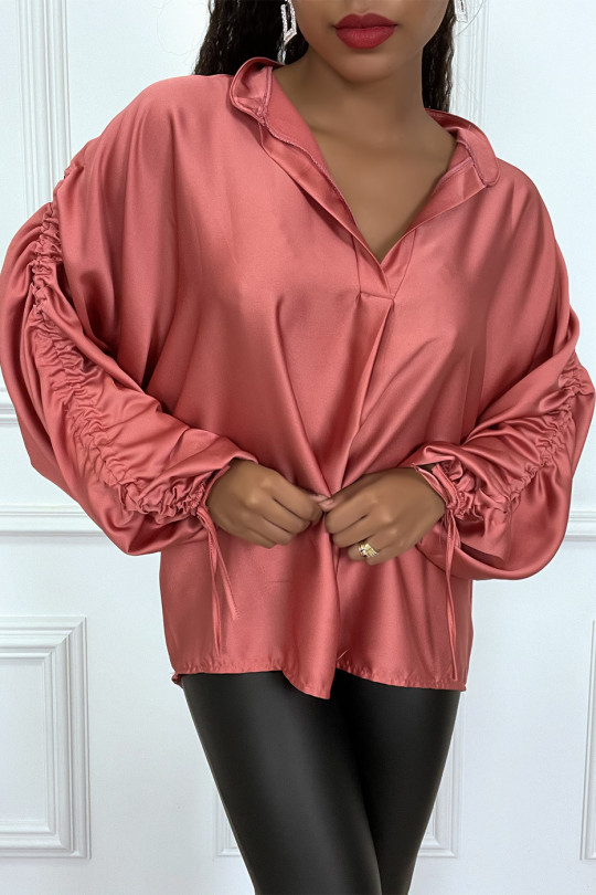 Fuchsia satin blouse with roll-up puff sleeves - 5
