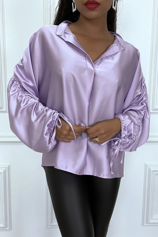 Purple satin blouse with roll up puff sleeves - 1