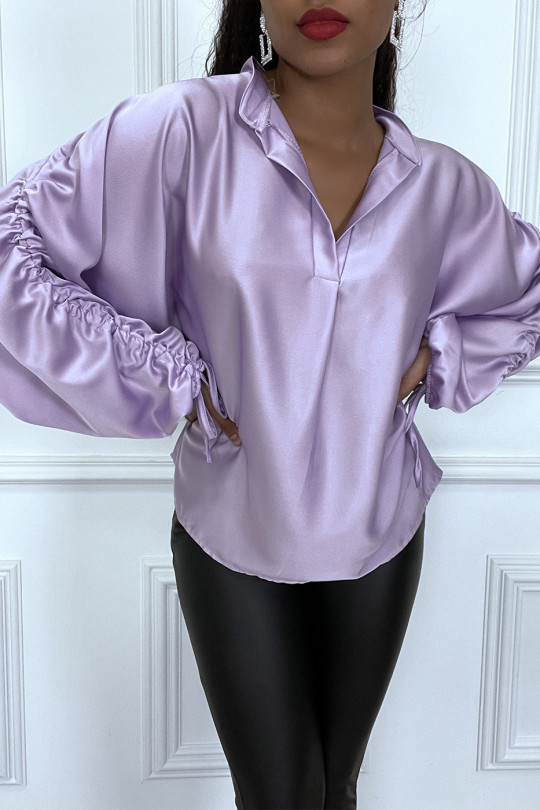 Purple satin blouse with roll up puff sleeves - 2