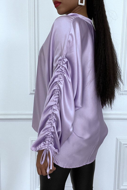 Purple satin blouse with roll up puff sleeves - 3