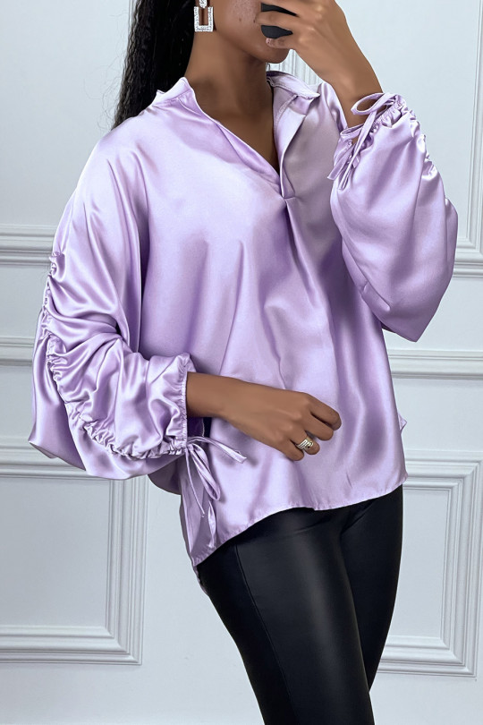 Purple satin blouse with roll up puff sleeves - 4