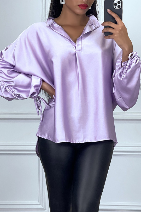 Purple satin blouse with roll up puff sleeves - 5