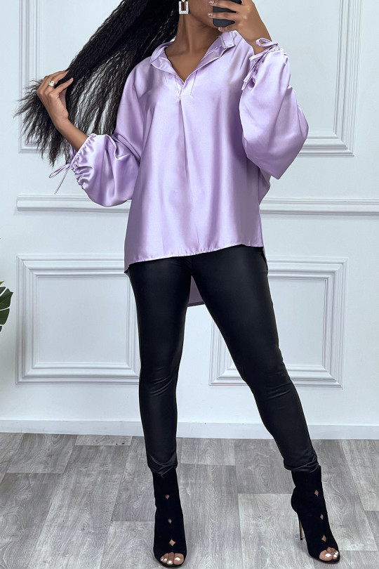 Purple satin blouse with roll up puff sleeves - 6