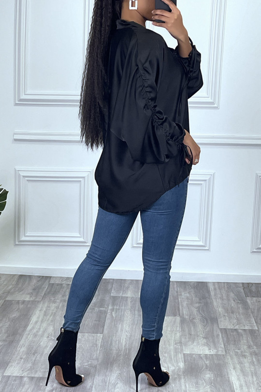 Black satin blouse with roll-up puff sleeves - 1