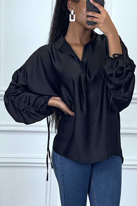 Black satin blouse with roll-up puff sleeves - 2