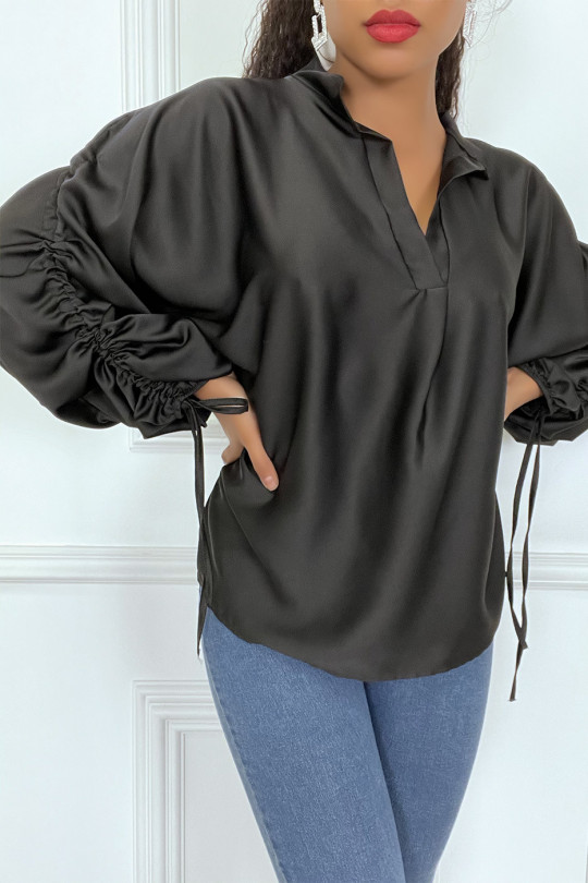 Black satin blouse with roll-up puff sleeves - 3