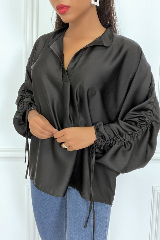 Black satin blouse with roll-up puff sleeves - 4