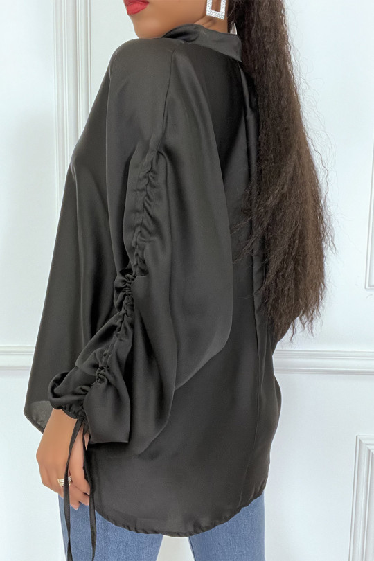 Black satin blouse with roll-up puff sleeves - 5