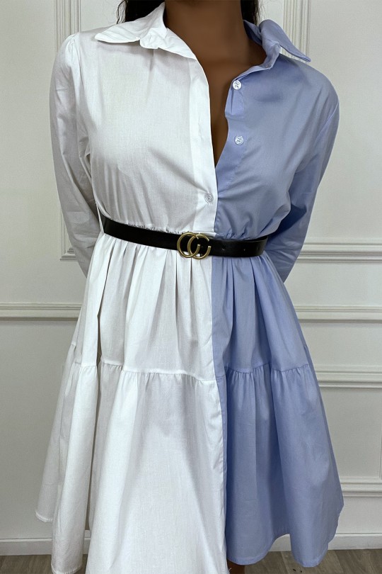 Robe chemise à volant bi-color bleu et blanc avec ceinture - 2