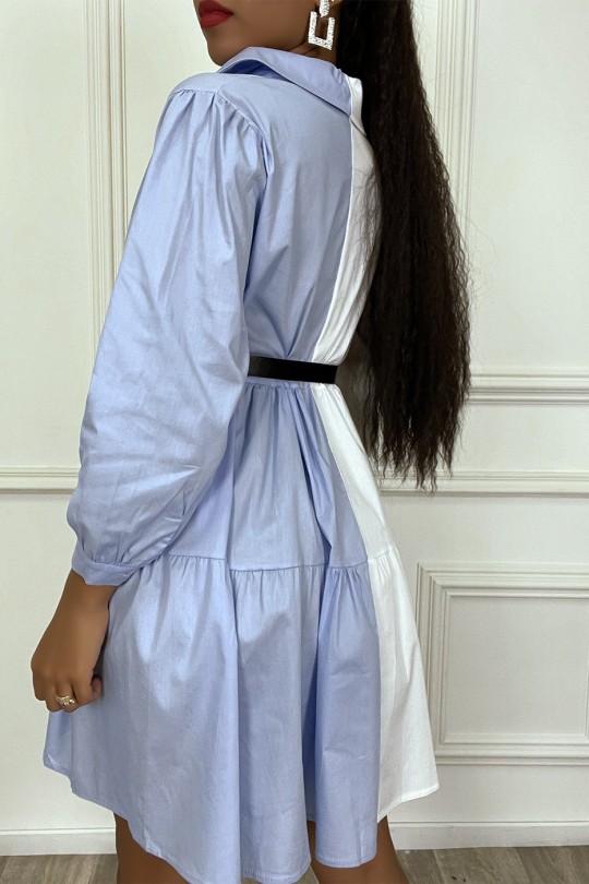 Robe chemise à volant bi-color bleu et blanc avec ceinture - 3