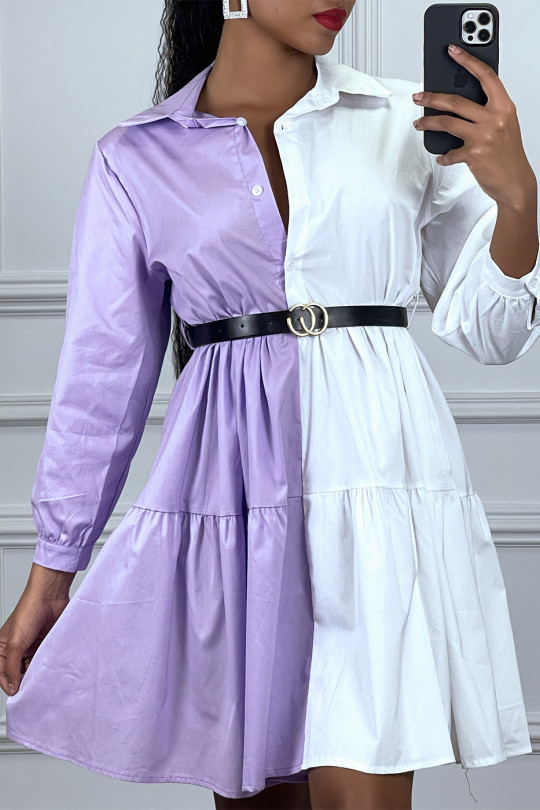 Robe chemise à volant bi-color lila et blanc avec ceinture - 1