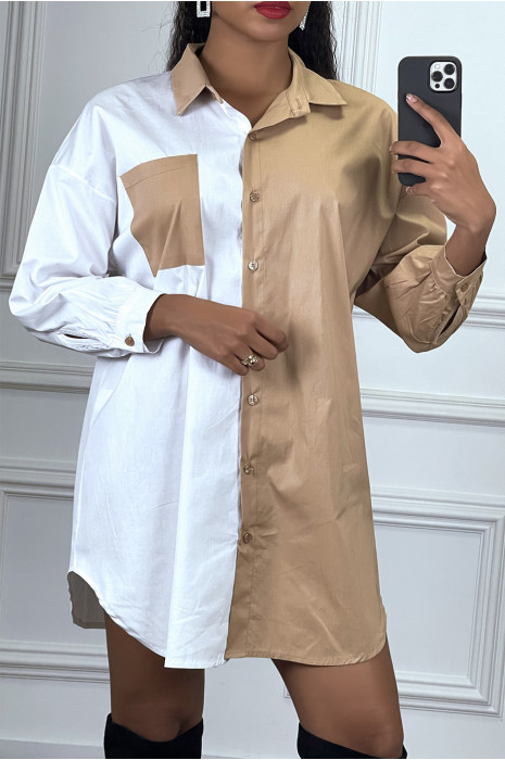 Chemise manches longue camel et blanc en strech - 1