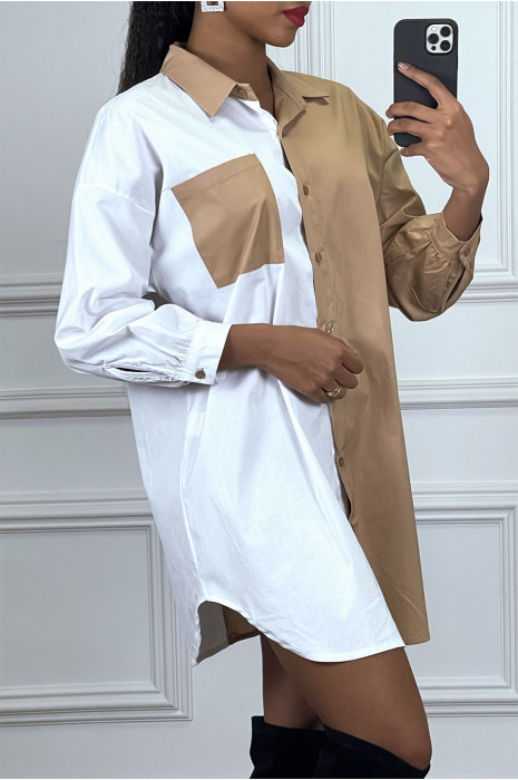 Chemise manches longue camel et blanc en strech - 2