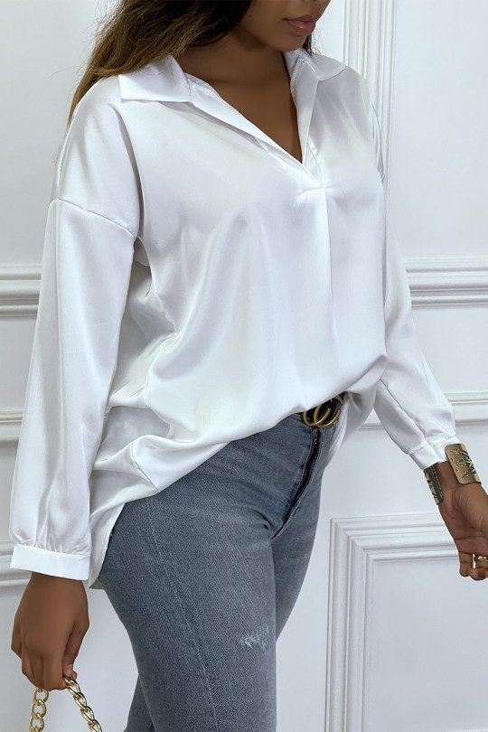 Blouse blanche manches longue col chemise avec plis - 4
