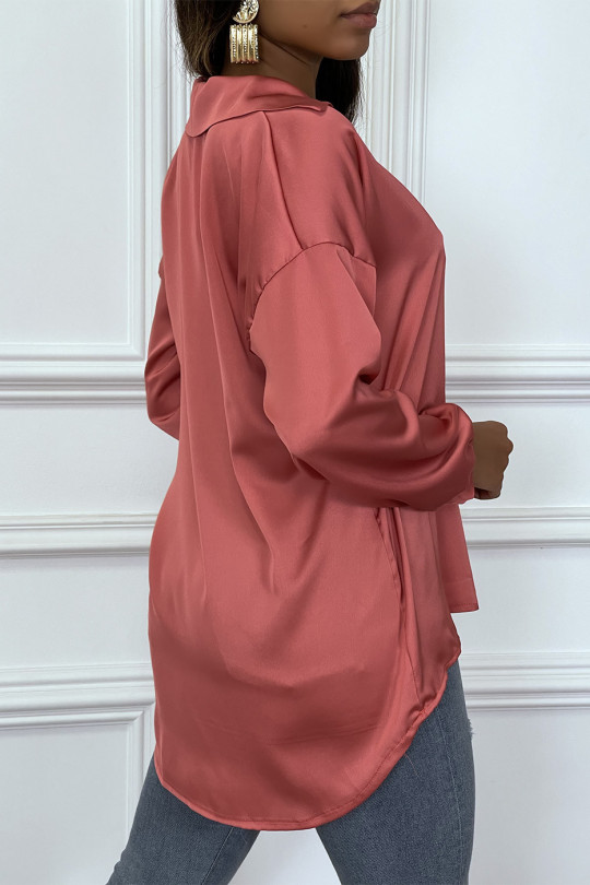Blouse fuchsia manches longue col chemise avec plis - 5
