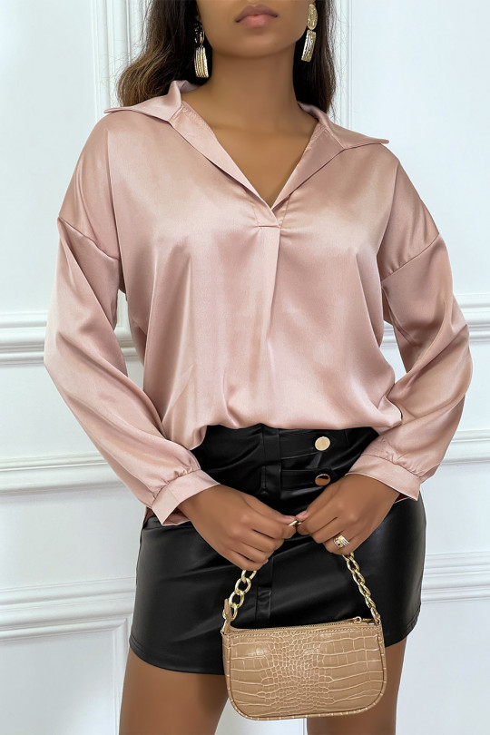 Blouse rose manches longue col chemise avec plis - 5