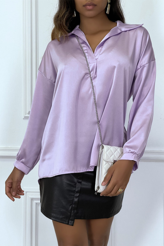 Blouse lila manches longue col chemise avec plis - 3