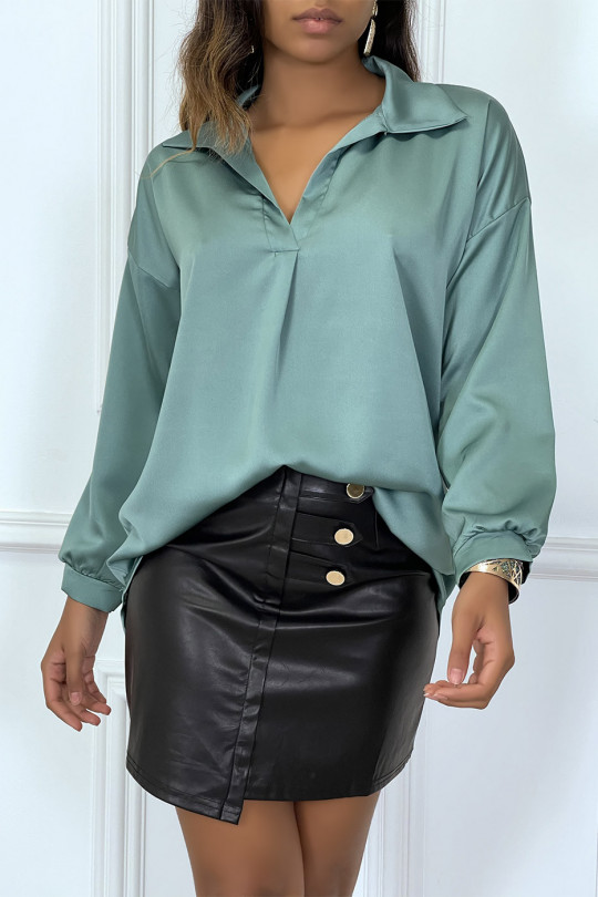Blouse verte manches longue col chemise avec plis - 2