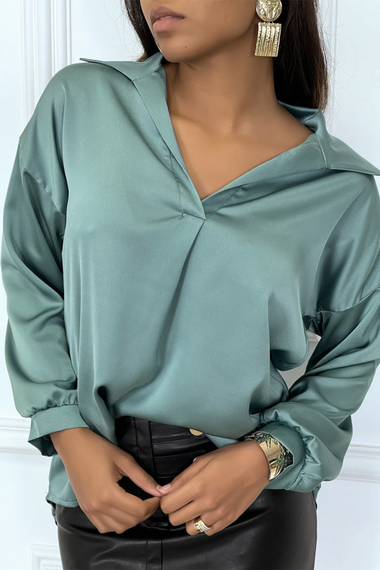 Blouse verte manches longue col chemise avec plis - 4