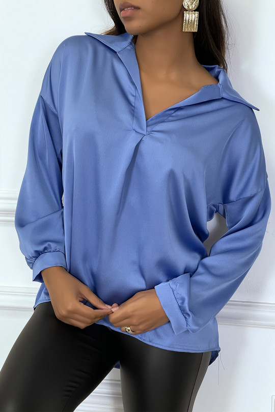 Blouse bleu manches longue col chemise avec plis - 1