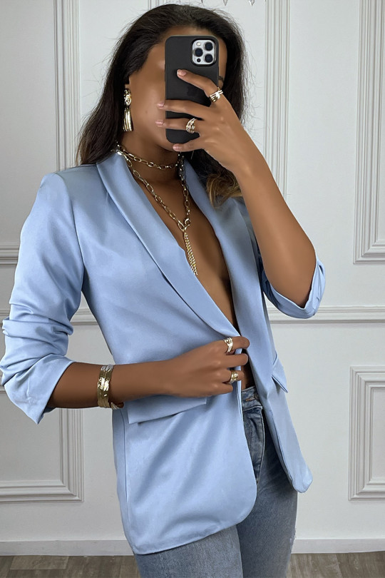 Blue blazer with gathered sleeves and lapel collar - 2