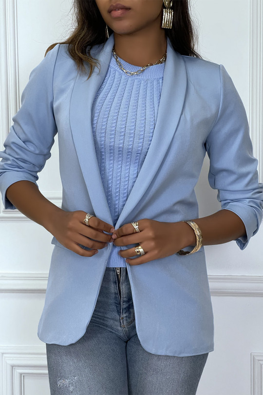 Blue blazer with gathered sleeves and lapel collar - 4