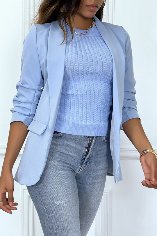 Blue blazer with gathered sleeves and lapel collar - 8