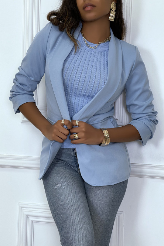 Blue blazer with gathered sleeves and lapel collar - 9