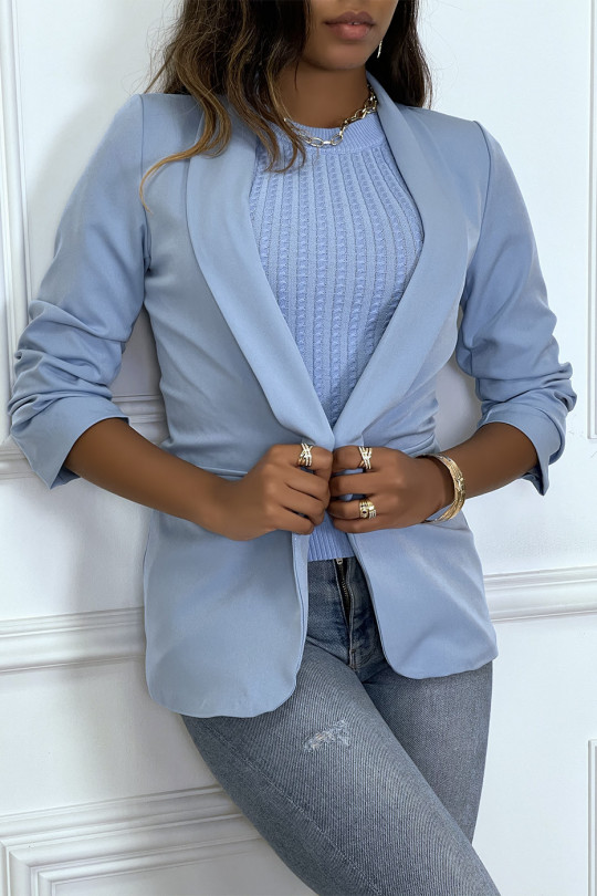 Blue blazer with gathered sleeves and lapel collar - 10