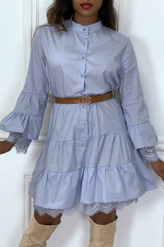 Blue shirt dress with ruffle belt and lace - 1