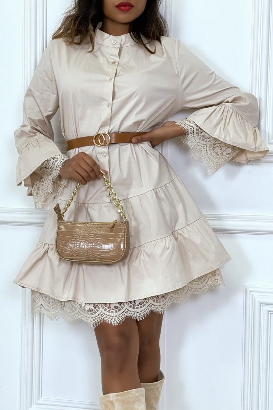 Beige shirt dress with ruffle belt and lace - 2