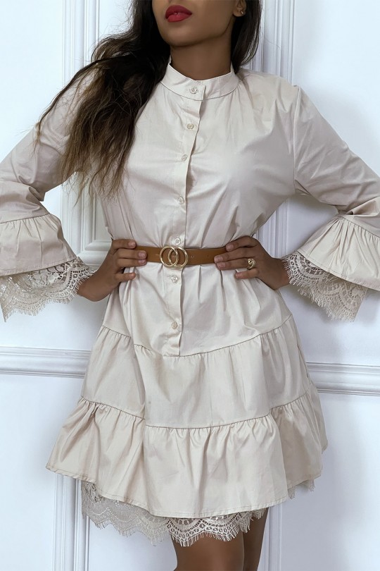 Beige shirt dress with ruffle belt and lace - 5